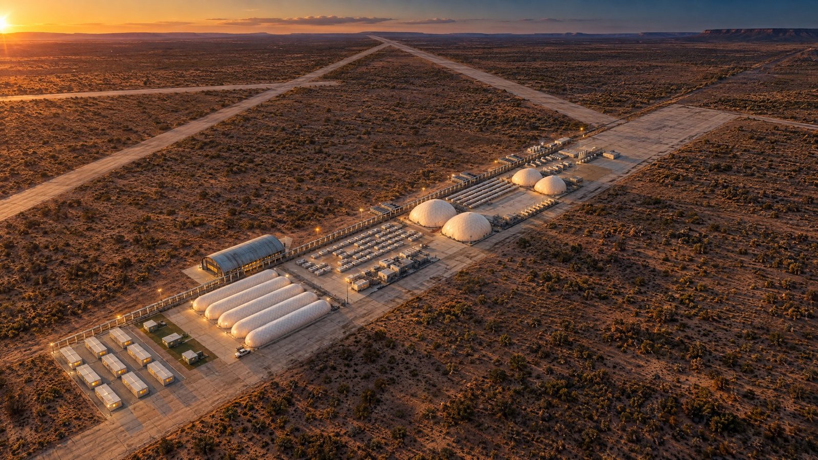 Illustrative render of a campus of air-supported domes with containerised fuel cell units