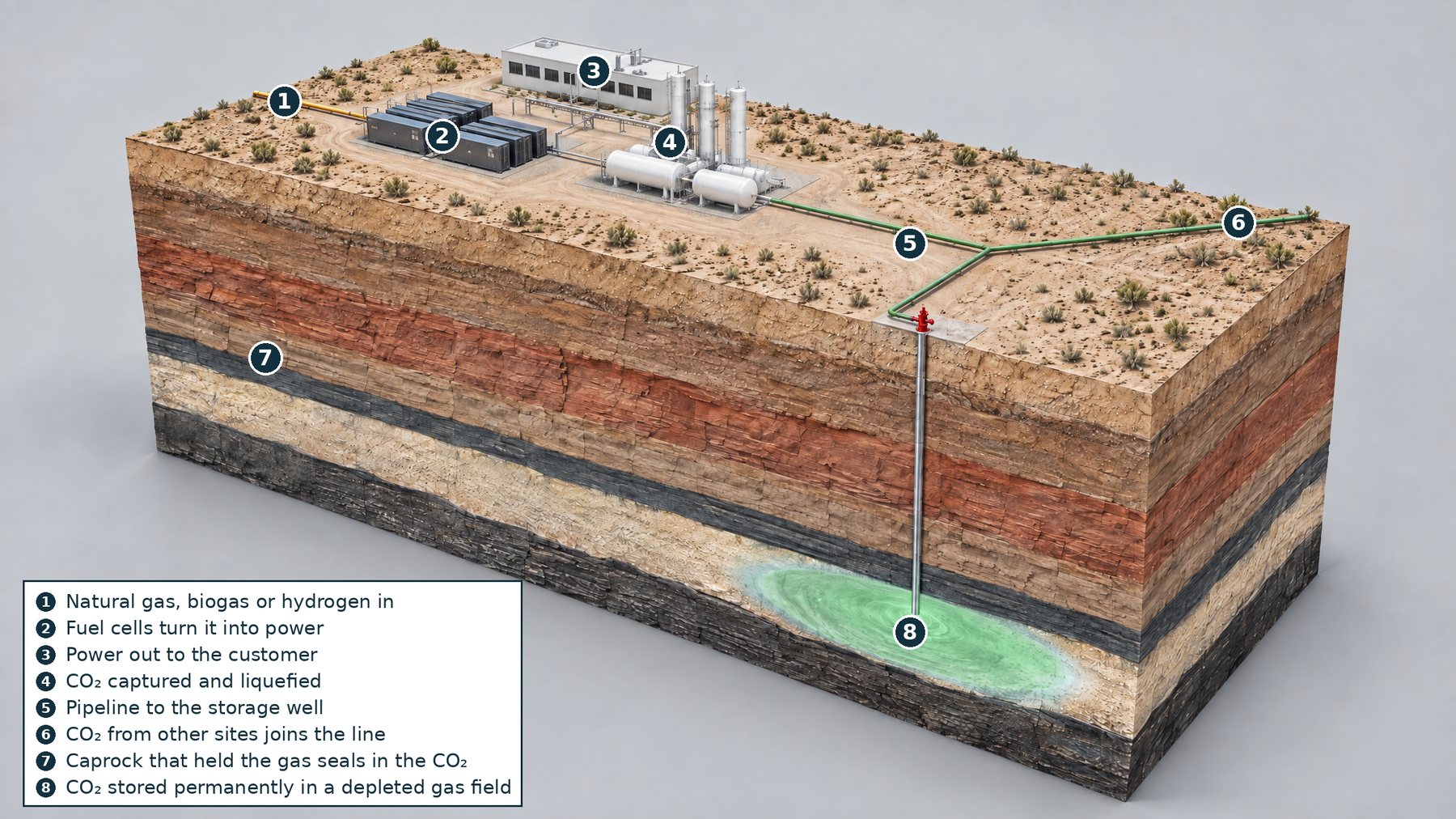Labelled cross-section: fuel cells, carbon dioxide capture and liquefaction, pipeline, and permanent storage in a depleted gas field under its caprock