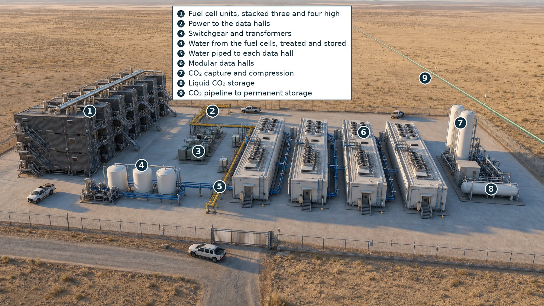 Labelled rendering of an off-grid modular data center: stacked fuel cell units, power and water to four modular data halls, and carbon dioxide capture with a pipeline to permanent storage