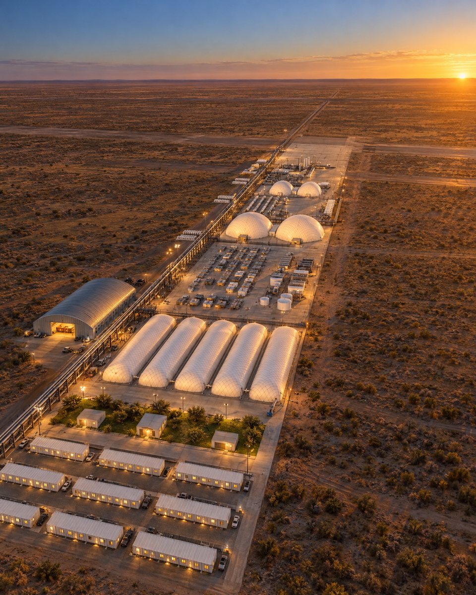 Illustrative aerial render of a planned West Texas campus at sunset: fuel cell units, capture equipment, manufacturing domes and housing